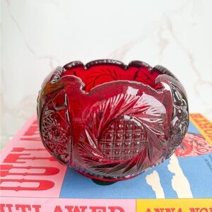 Vintage Imperial Glass Ruby Red Rose Bowl in Whirling Star Pattern